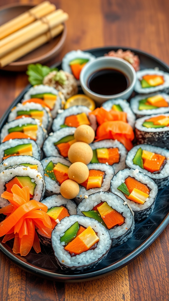 Authentic Vegan Sushi Rolls Recipe A platter of colorful vegan sushi rolls with avocado, cucumber, and carrot, served with soy sauce and garnished with pickled ginger.